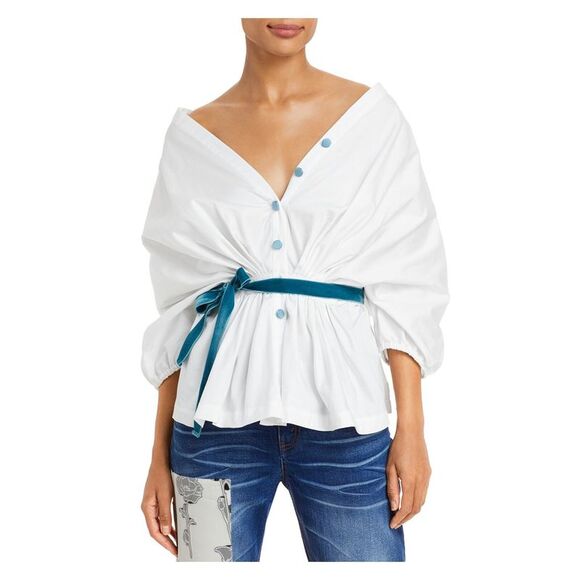 HELLESSY Womens White Tie Belt Decorative Placket Dolman Sleeve Button Up Top XS